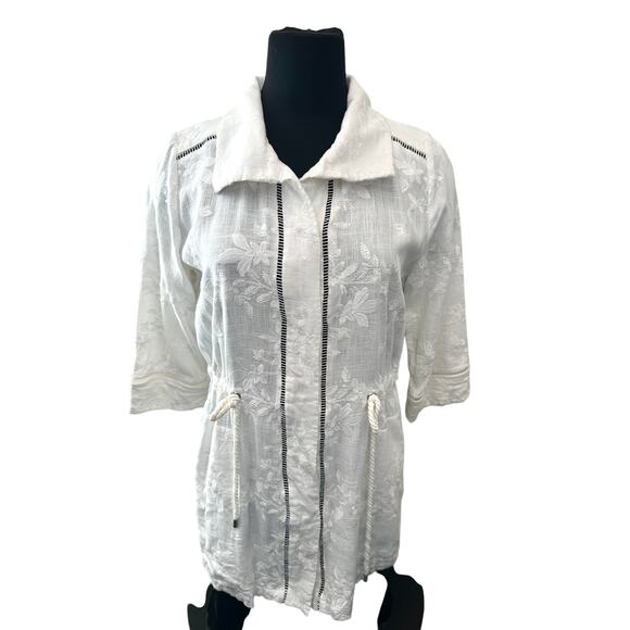 CHICO’S | White Embroidered Button Jacket Top Drawstring Waist | Size 0 Small - Picture 2 of 7
